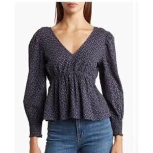 Madewell NWOT Campden Daisies Tie Back Peplum Top in Deep Indigo Size S Career
